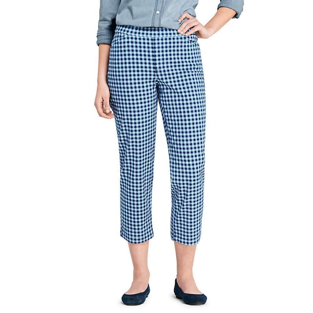 Lands' End Mid Rise Pull On Chino Crop Pants Sof Lake Blue Check 12